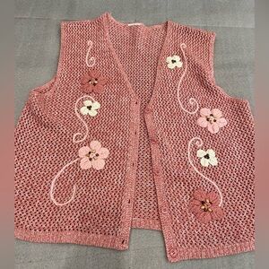 [L/XL]VTG 90s Open Knit Pink Cream Embroidered Floral Button Down Cardigan Vest